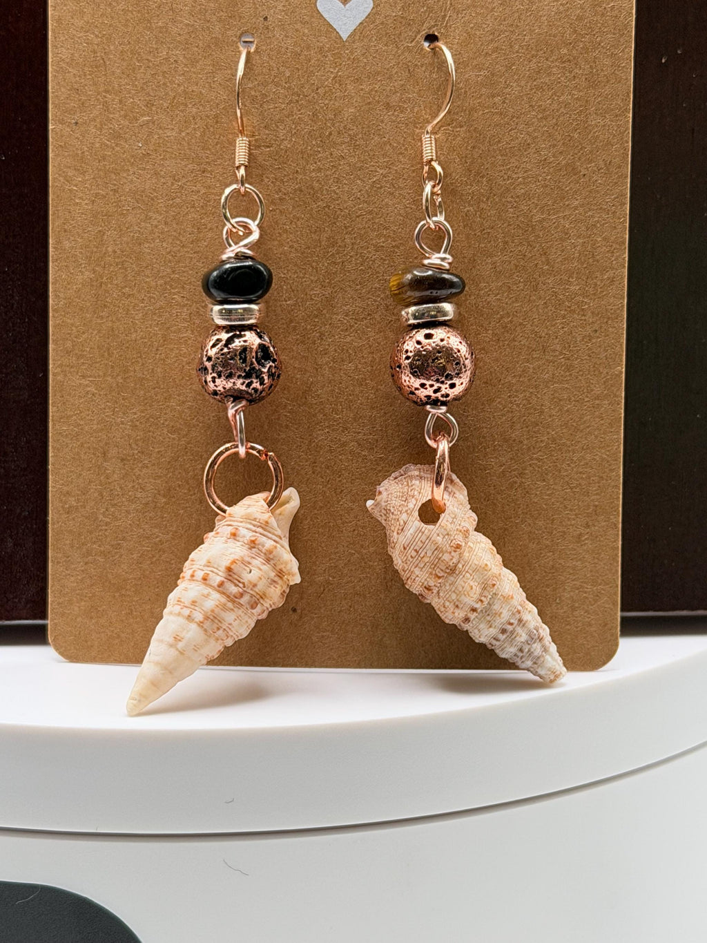 Handmade Spiral Shell Earrings with Black Beads and Copper Coastal Boho Dangles