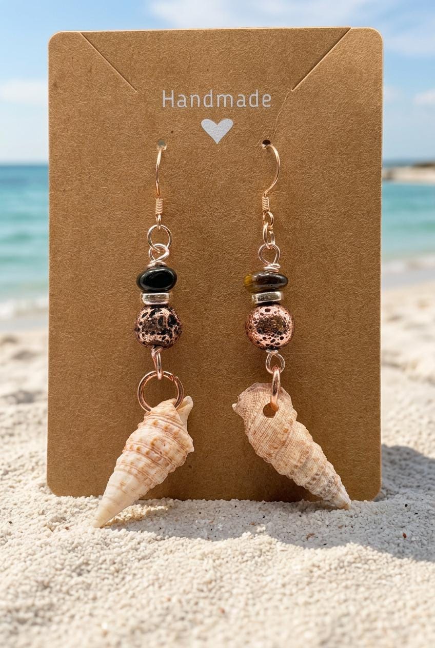 Handmade Spiral Shell Earrings with Black Beads and Copper Coastal Boho Dangles