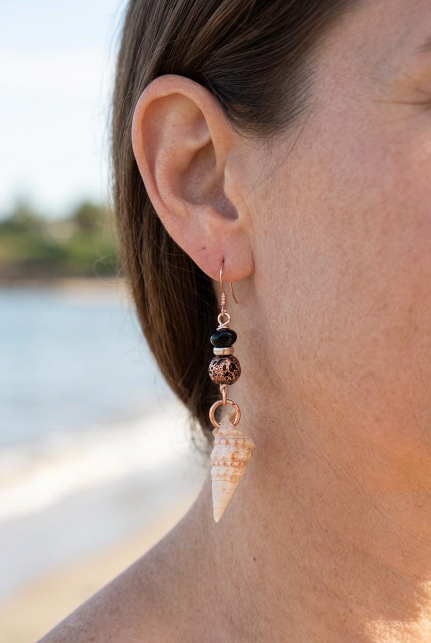 Handmade Spiral Shell Earrings with Black Beads and Copper Coastal Boho Dangles