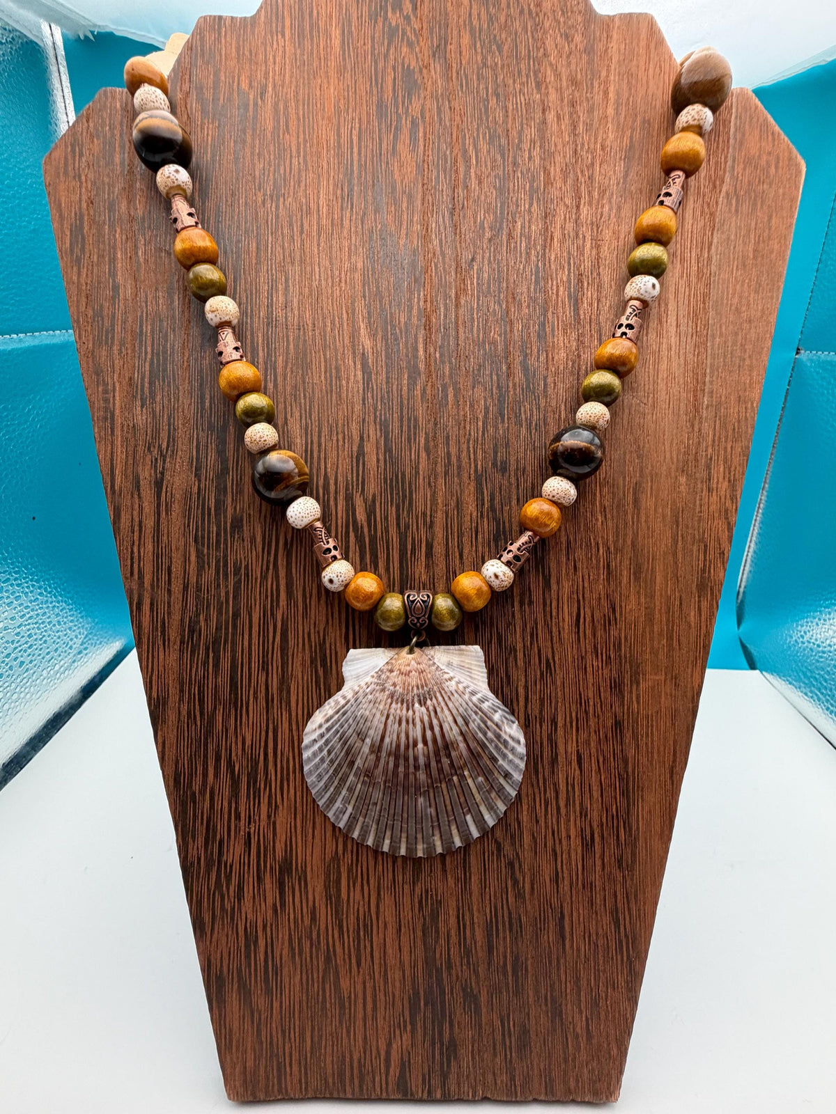 Mens Florida Gulf Calico Scallop Shell Necklace 18 Inch Handmade Coastal Jewelry