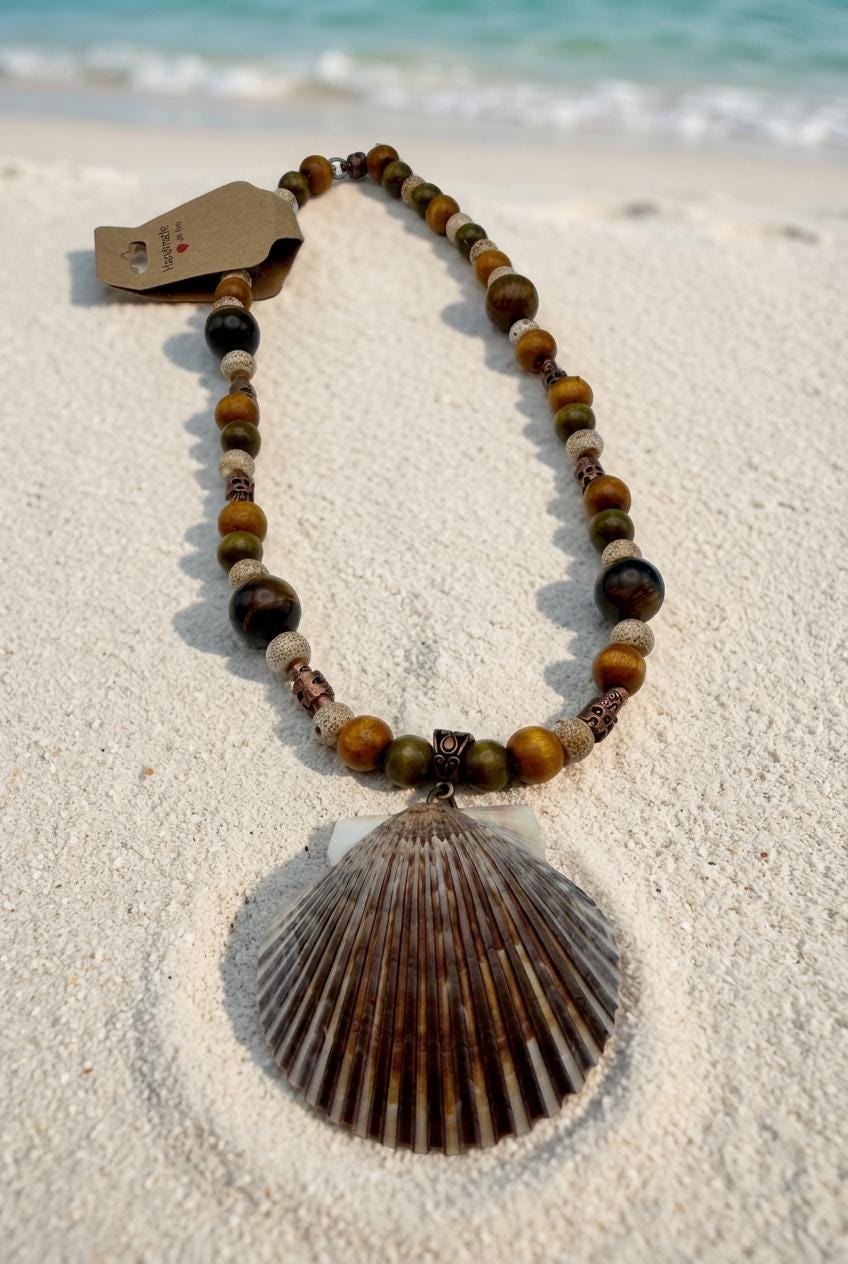 Mens Florida Gulf Calico Scallop Shell Necklace 18 Inch Handmade Coastal Jewelry