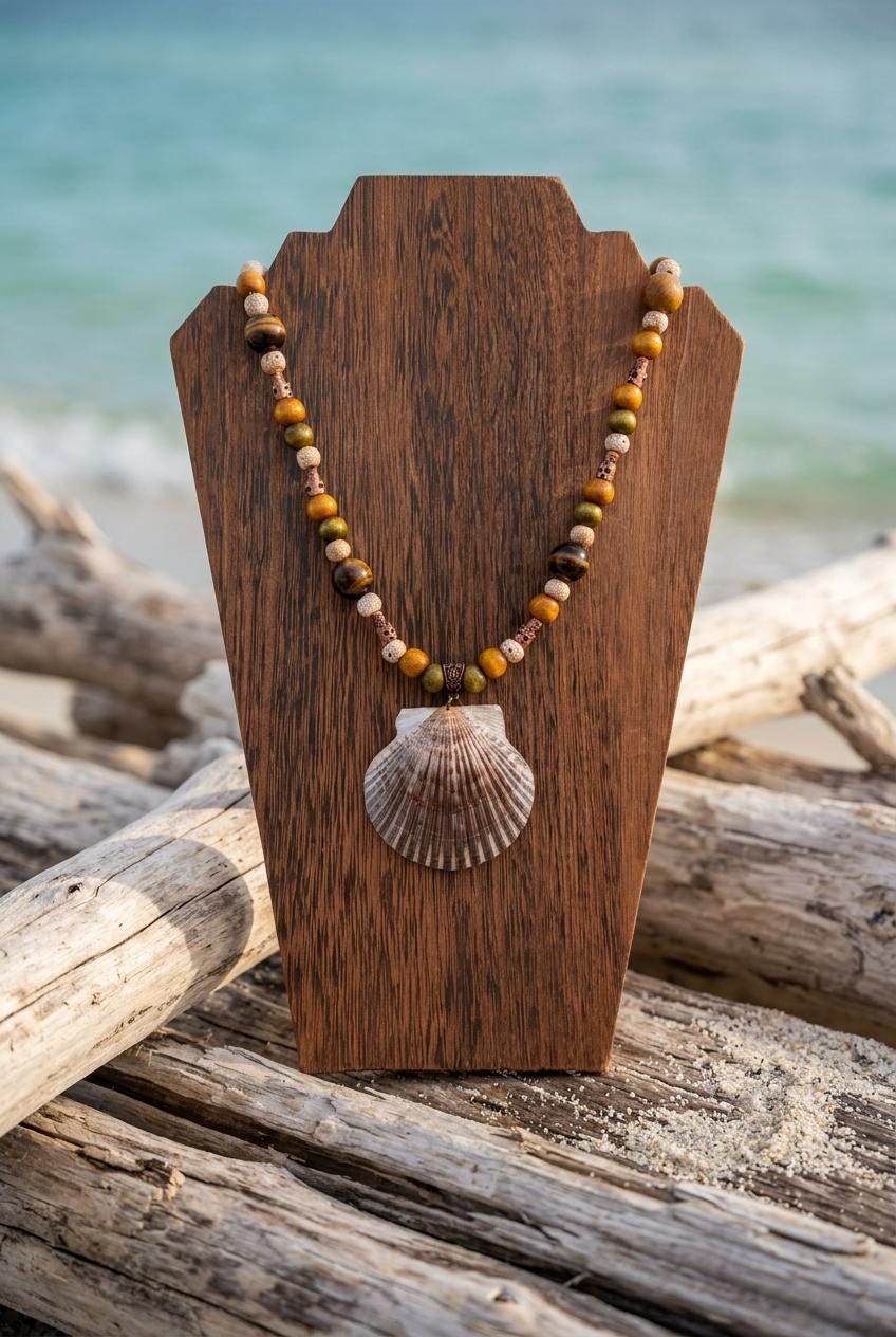 Mens Florida Gulf Calico Scallop Shell Necklace 18 Inch Handmade Coastal Jewelry