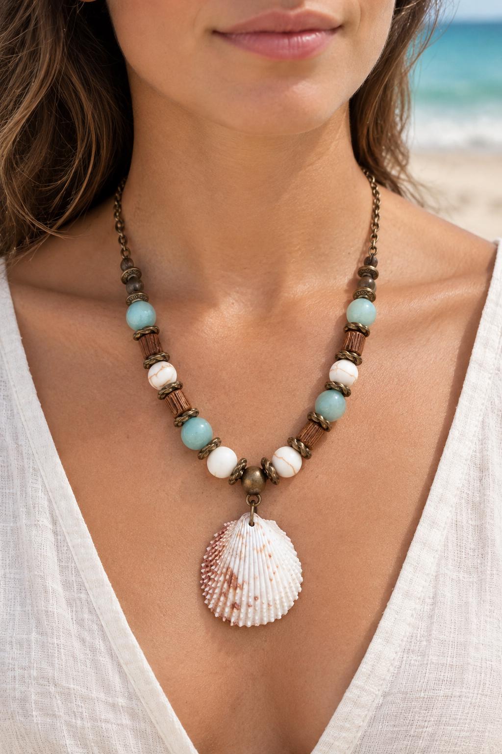 Handmade Seashell Statement Necklace with Turquoise Beads Coastal Boho Jewelry
