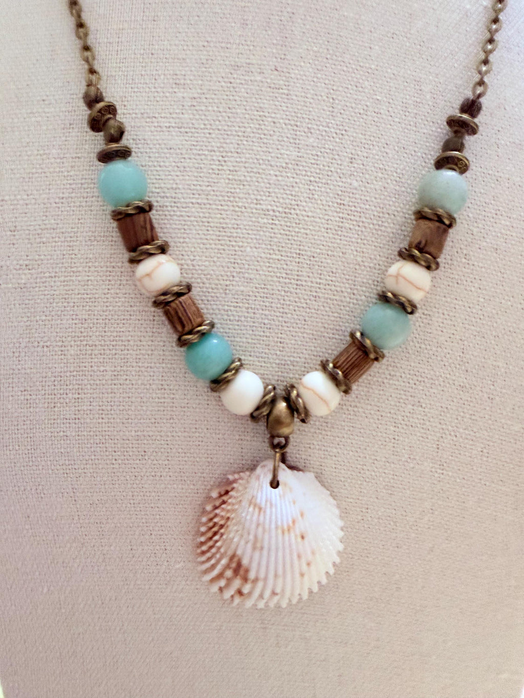 Handmade Seashell Statement Necklace with Turquoise Beads Coastal Boho Jewelry
