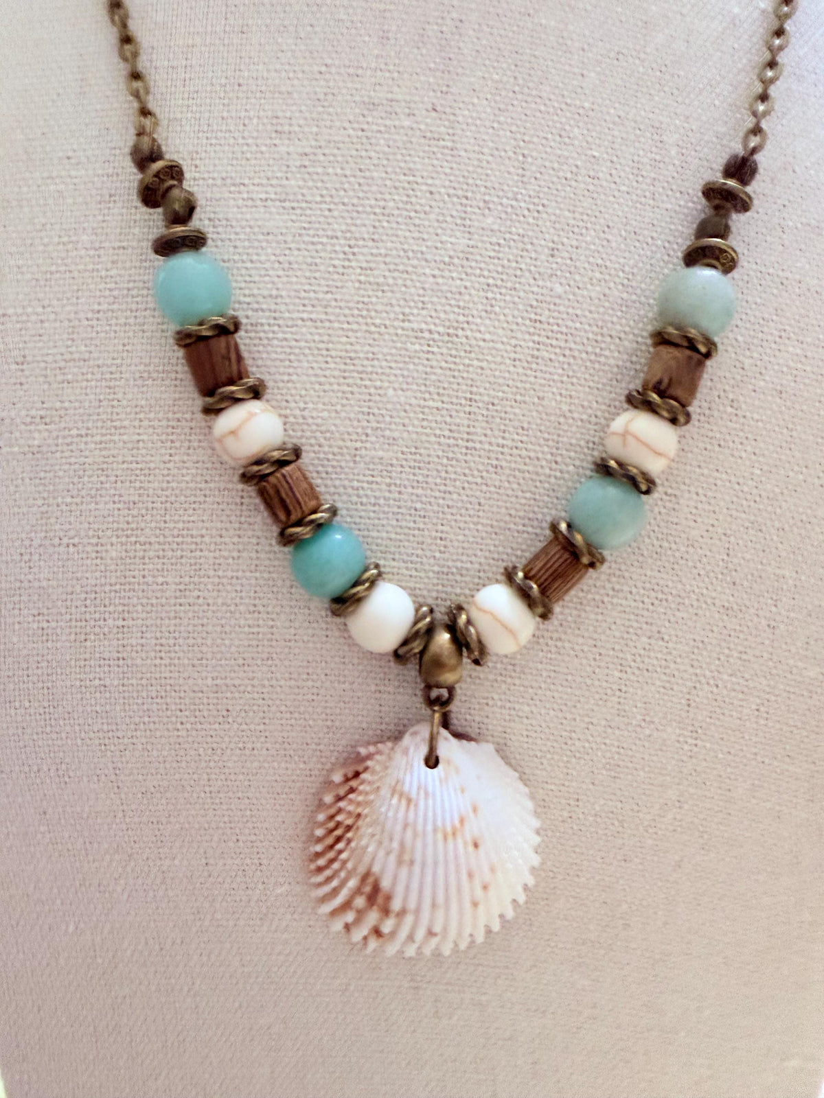 Handmade Seashell Statement Necklace with Turquoise Beads Coastal Boho Jewelry