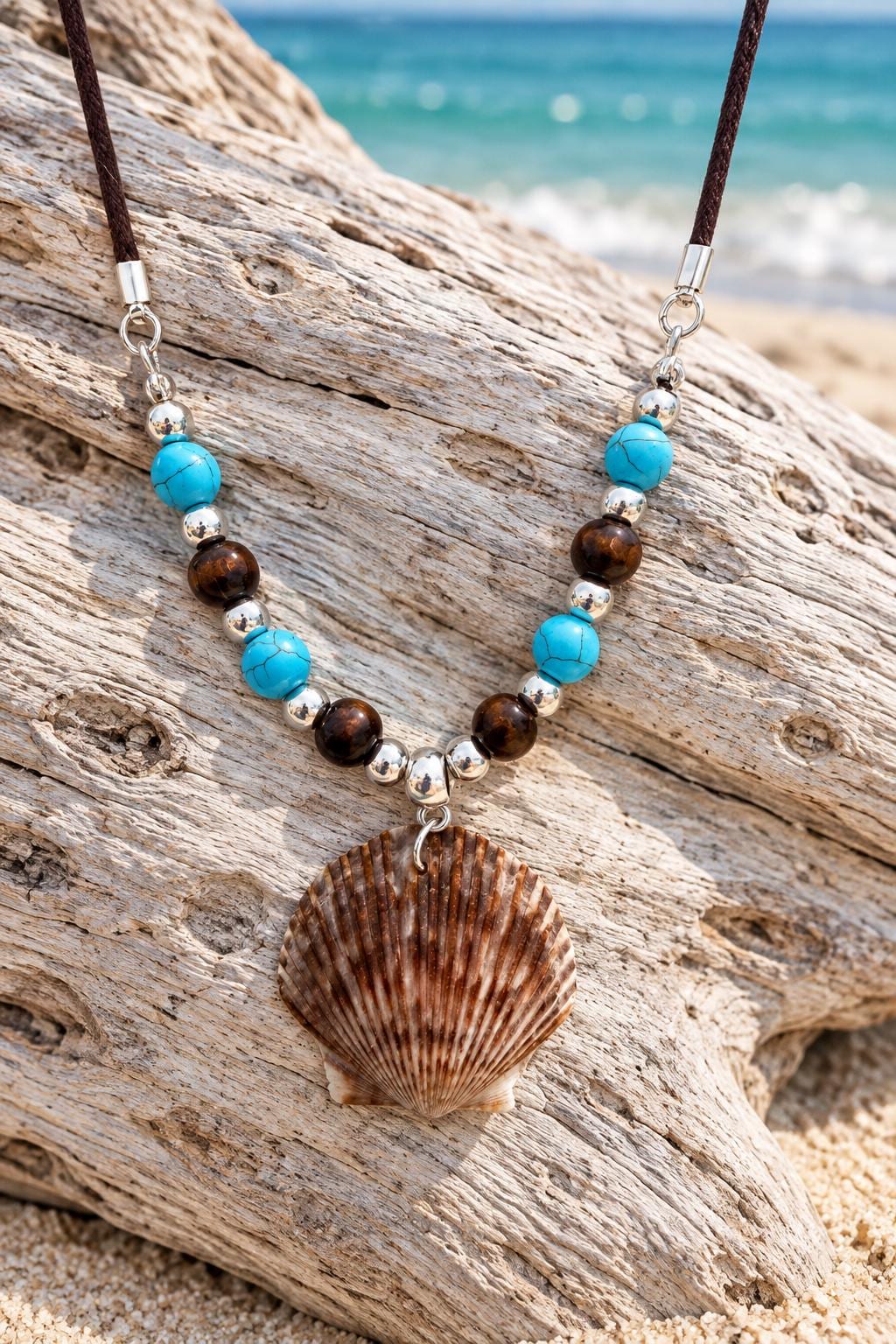 Handmade Seashell Pendant Necklace With Turquoise Brown Beads Coastal Boho