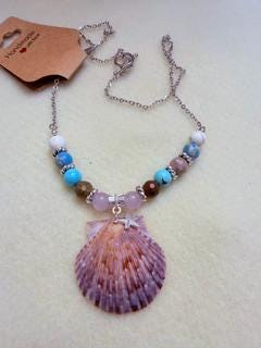 Handmade Scallop Shell Necklace Colorful Beads 18 Inch Stainless Steel Chain