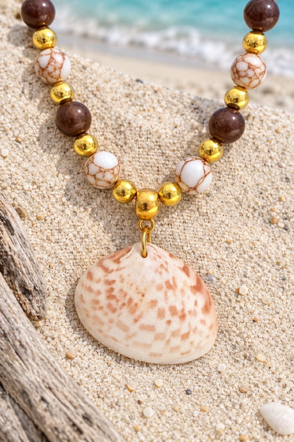 Handmade Calico Clam Shell Necklace With Colorful Coastal Beads 18 Inch Chain