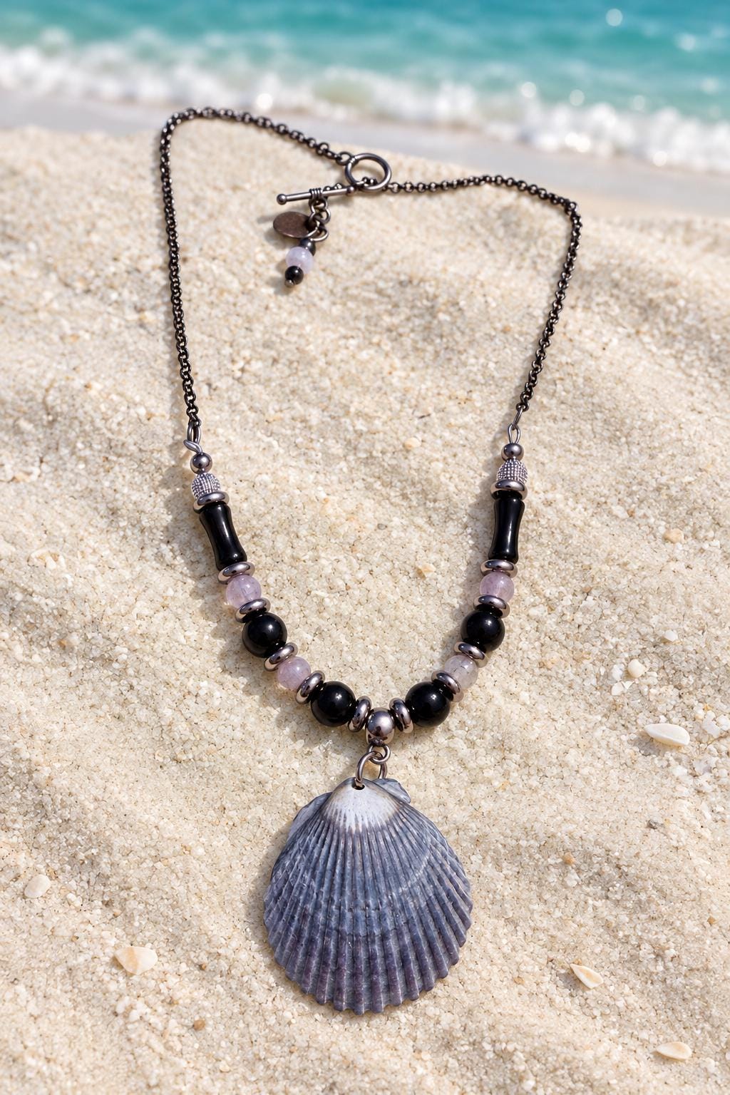 Natural Scallop Shell Necklace Handmade With Black Stainless Steel Chain