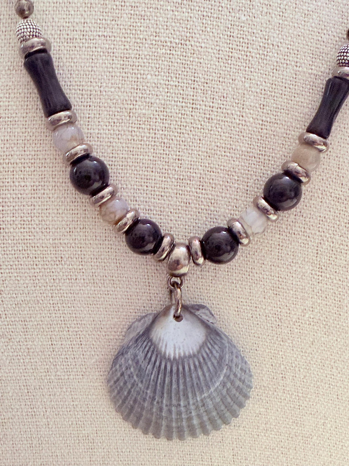 Natural Scallop Shell Necklace Handmade With Black Stainless Steel Chain