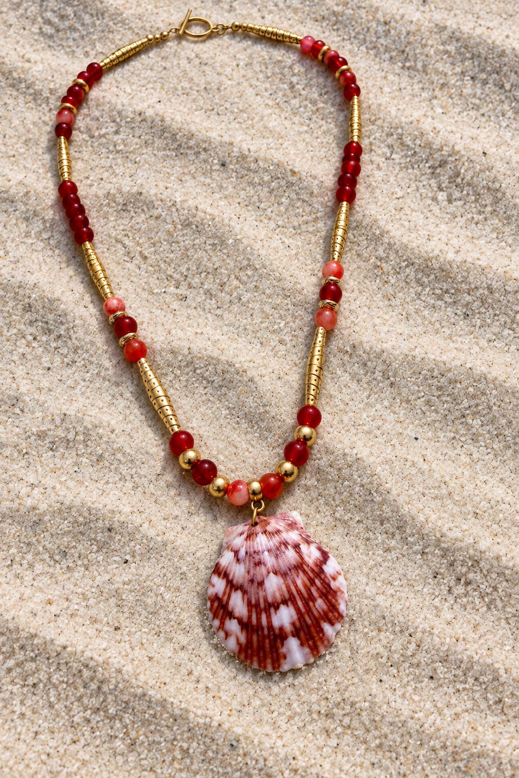Handmade Calico Scallop Shell Necklace With Red and Gold Beads 18 Inch Coastal Jewelry