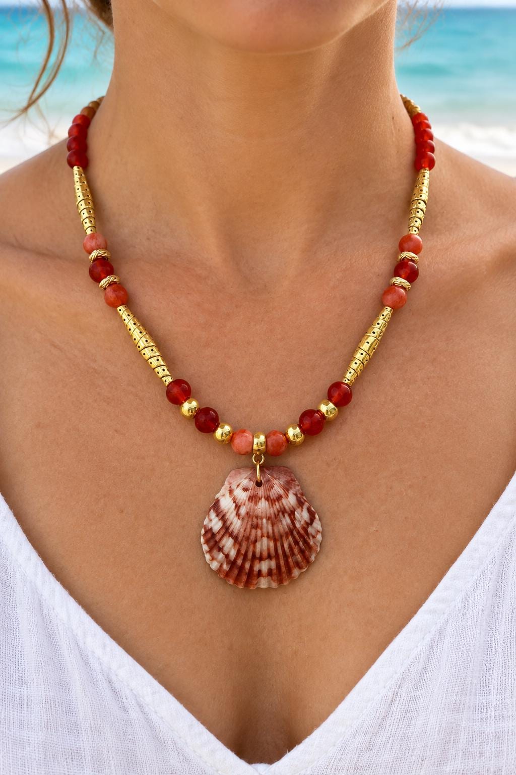 Handmade Calico Scallop Shell Necklace With Red and Gold Beads 18 Inch Coastal Jewelry