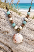 Handmade Seashell Statement Necklace with Turquoise Beads Coastal Boho Jewelry