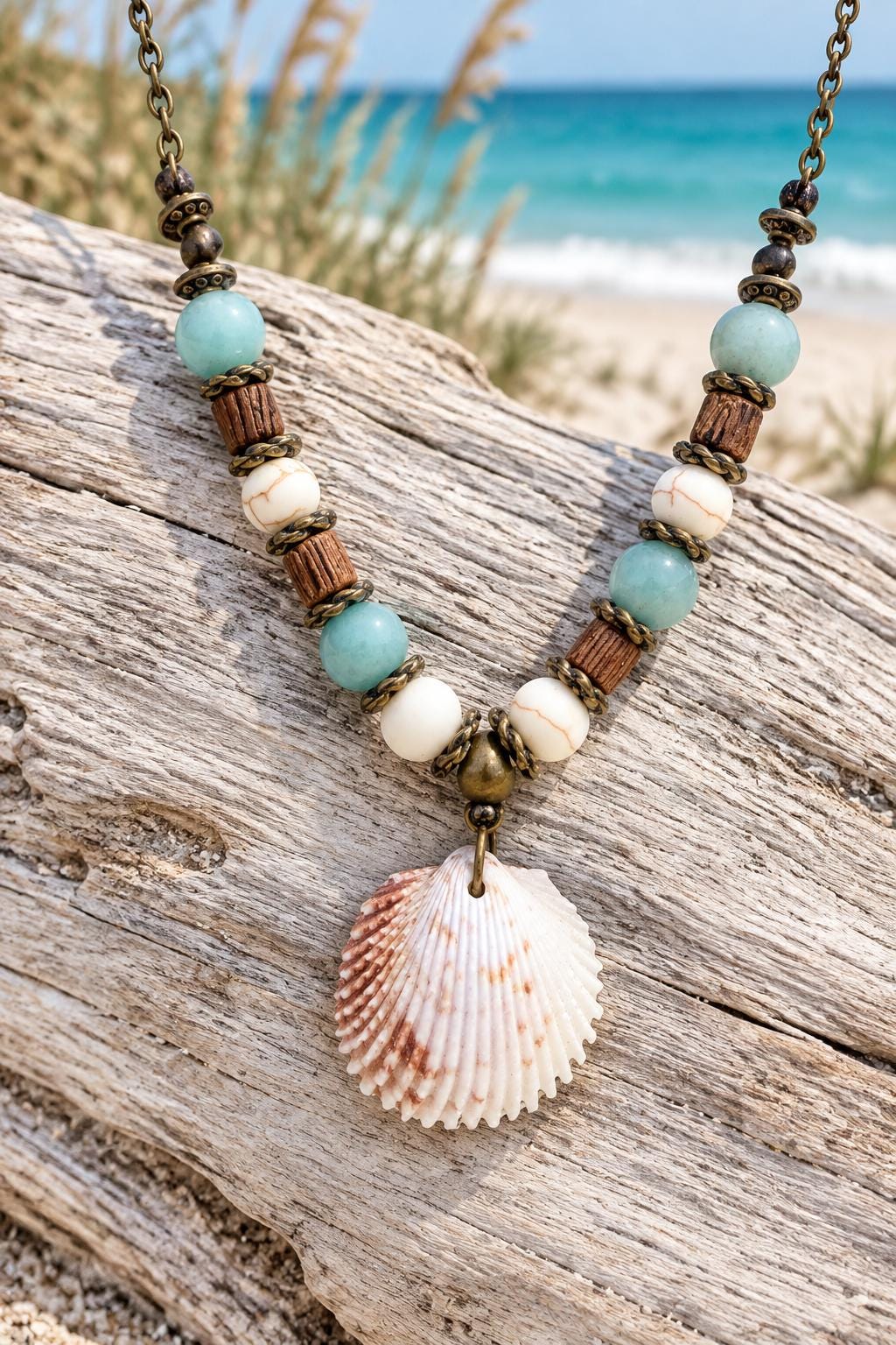 Handmade Seashell Statement Necklace with Turquoise Beads Coastal Boho Jewelry