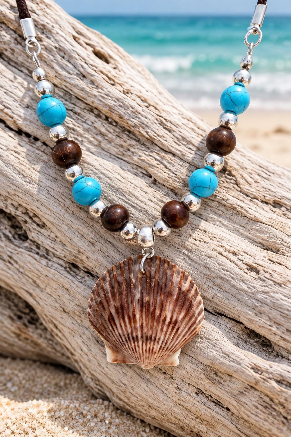 Handmade Seashell Pendant Necklace With Turquoise Brown Beads Coastal Boho