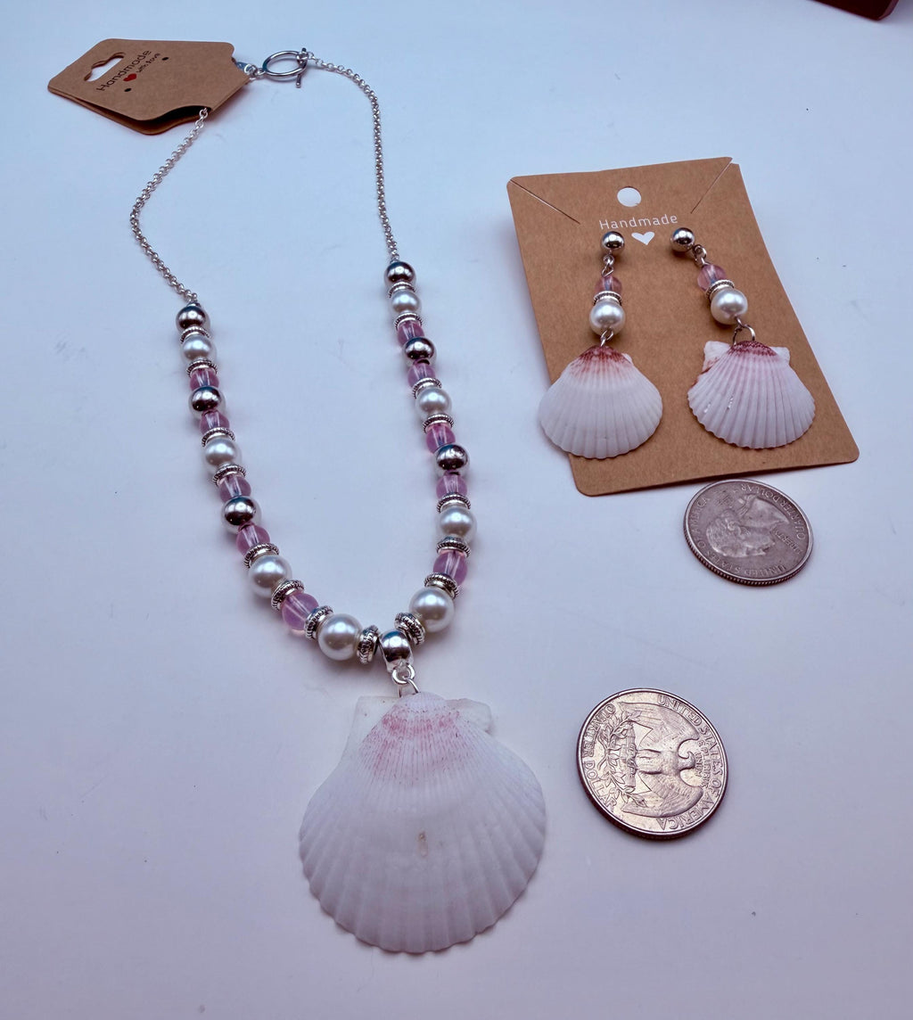 Handmade Pink Scallop Shell Necklace and Earrings Coastal Jewelry Set