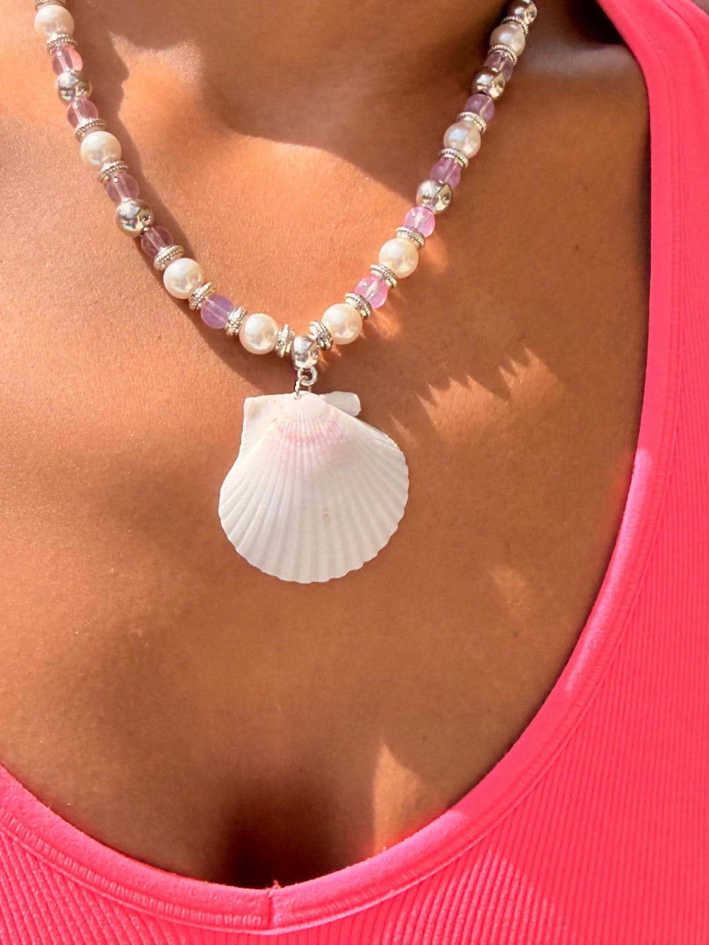 Handmade Pink Scallop Shell Necklace and Earrings Coastal Jewelry Set