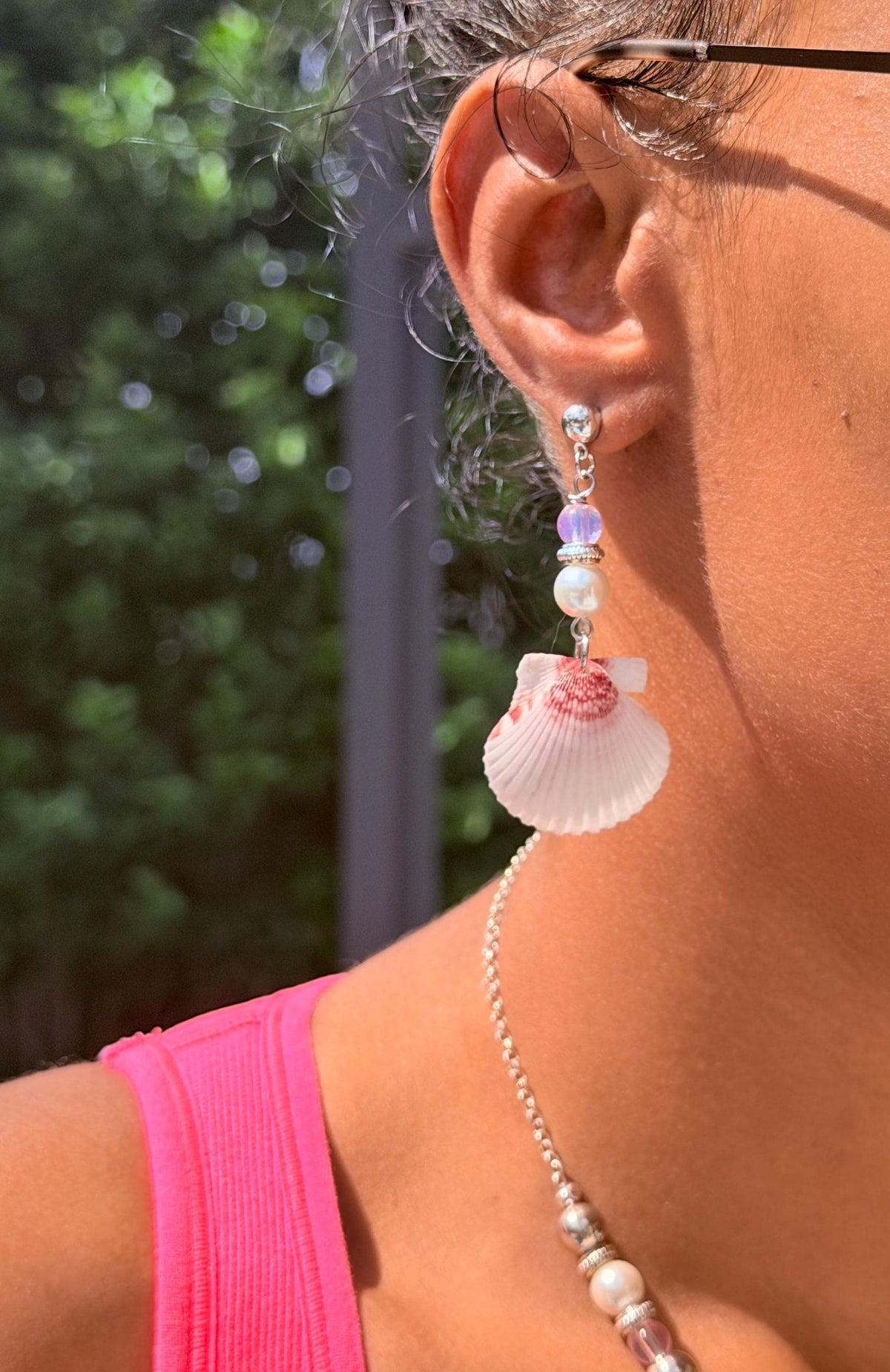 Handmade Pink Scallop Shell Necklace and Earrings Coastal Jewelry Set