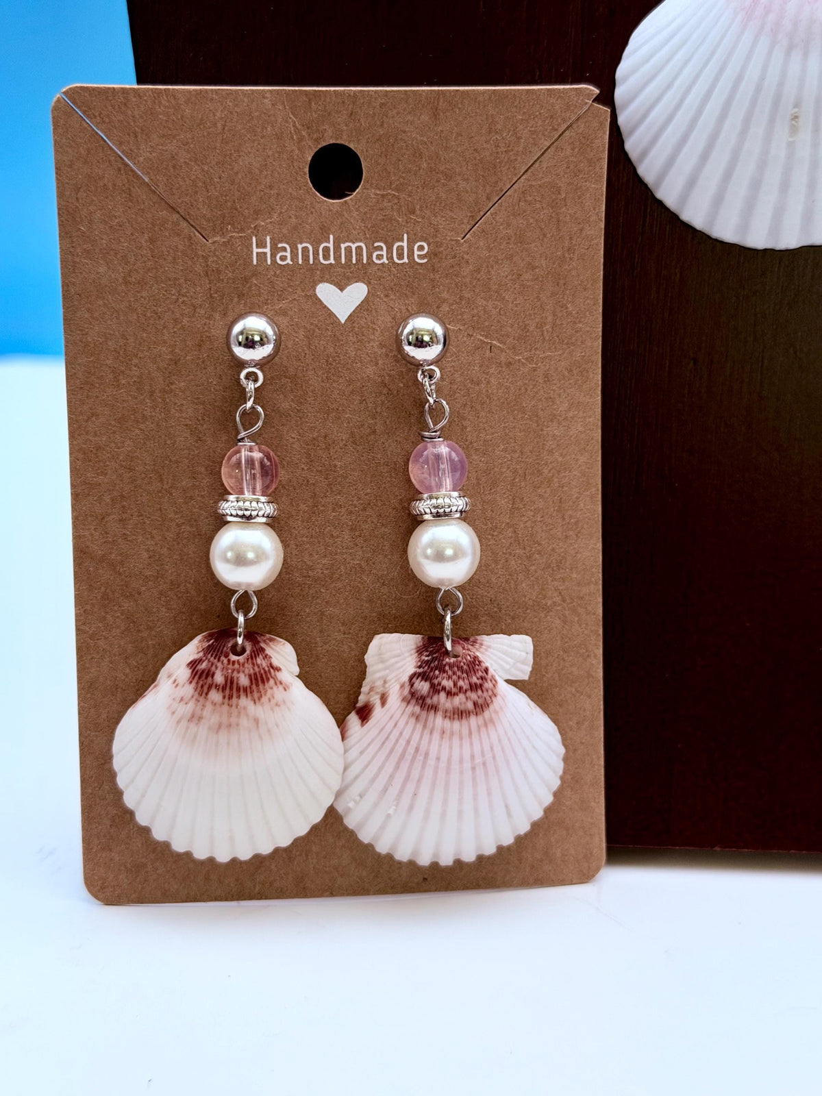 Handmade Pink Scallop Shell Necklace and Earrings Coastal Jewelry Set
