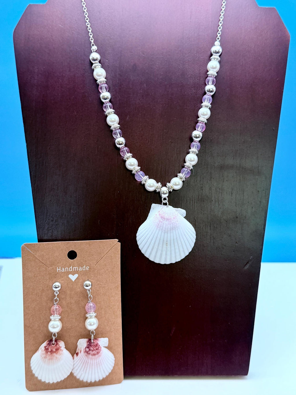 Handmade Pink Scallop Shell Necklace and Earrings Coastal Jewelry Set