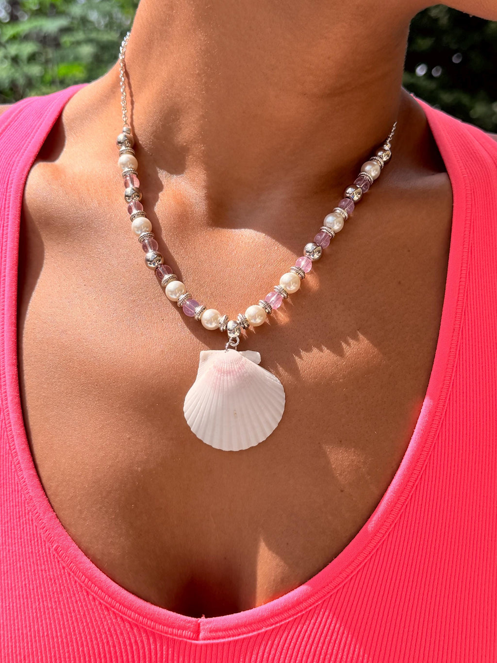 Handmade Pink Scallop Shell Necklace and Earrings Coastal Jewelry Set