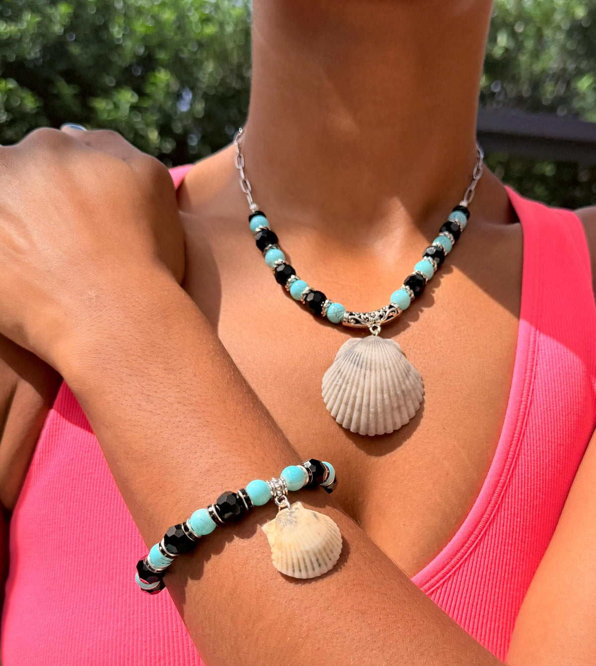 Turquoise Sanibel Island Handmade Seashell Necklace and Bracelet Jewelry Set