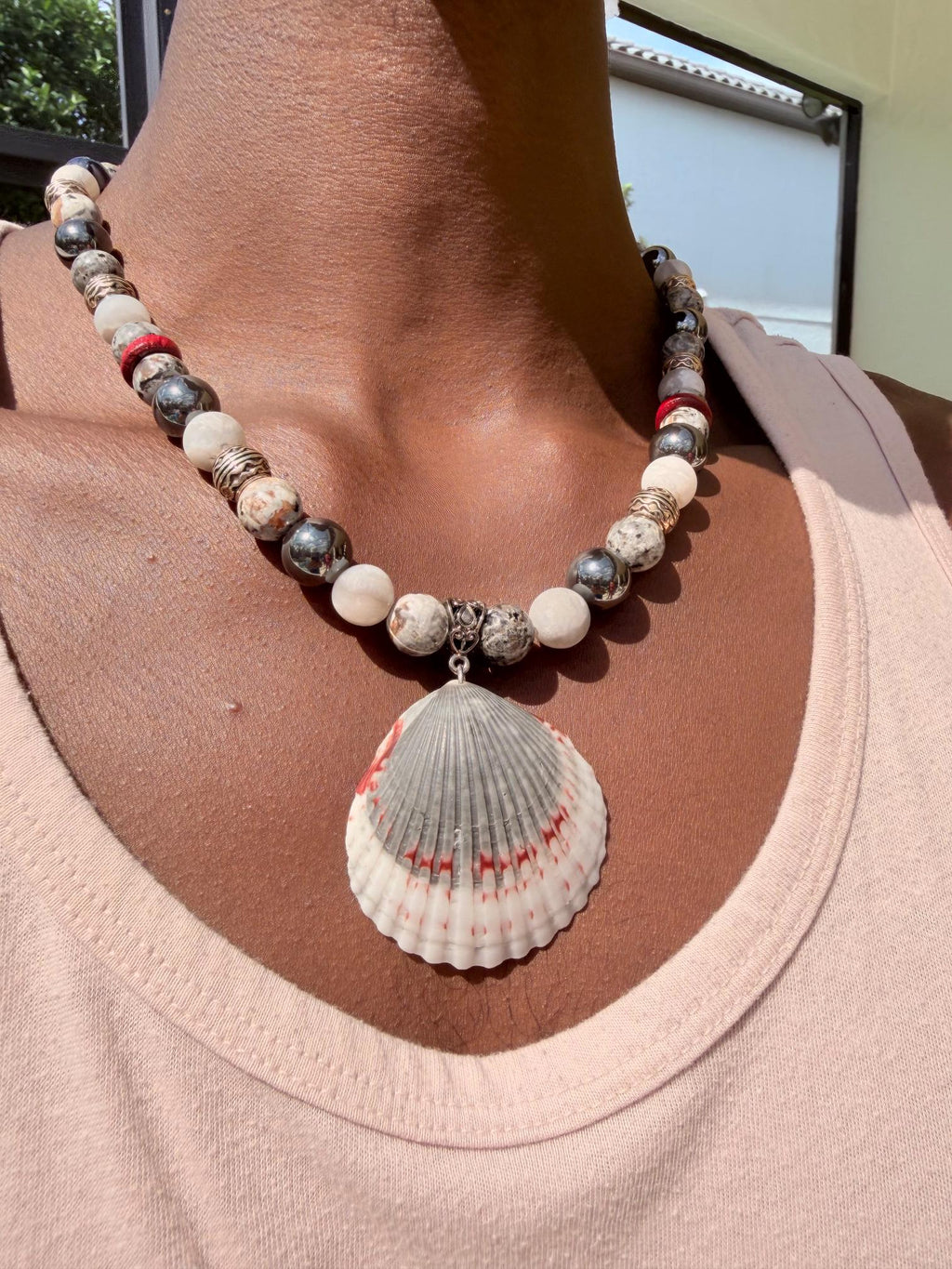 Men's Handmade Hematite and White Marble Bead Necklace with Burgundy Accents