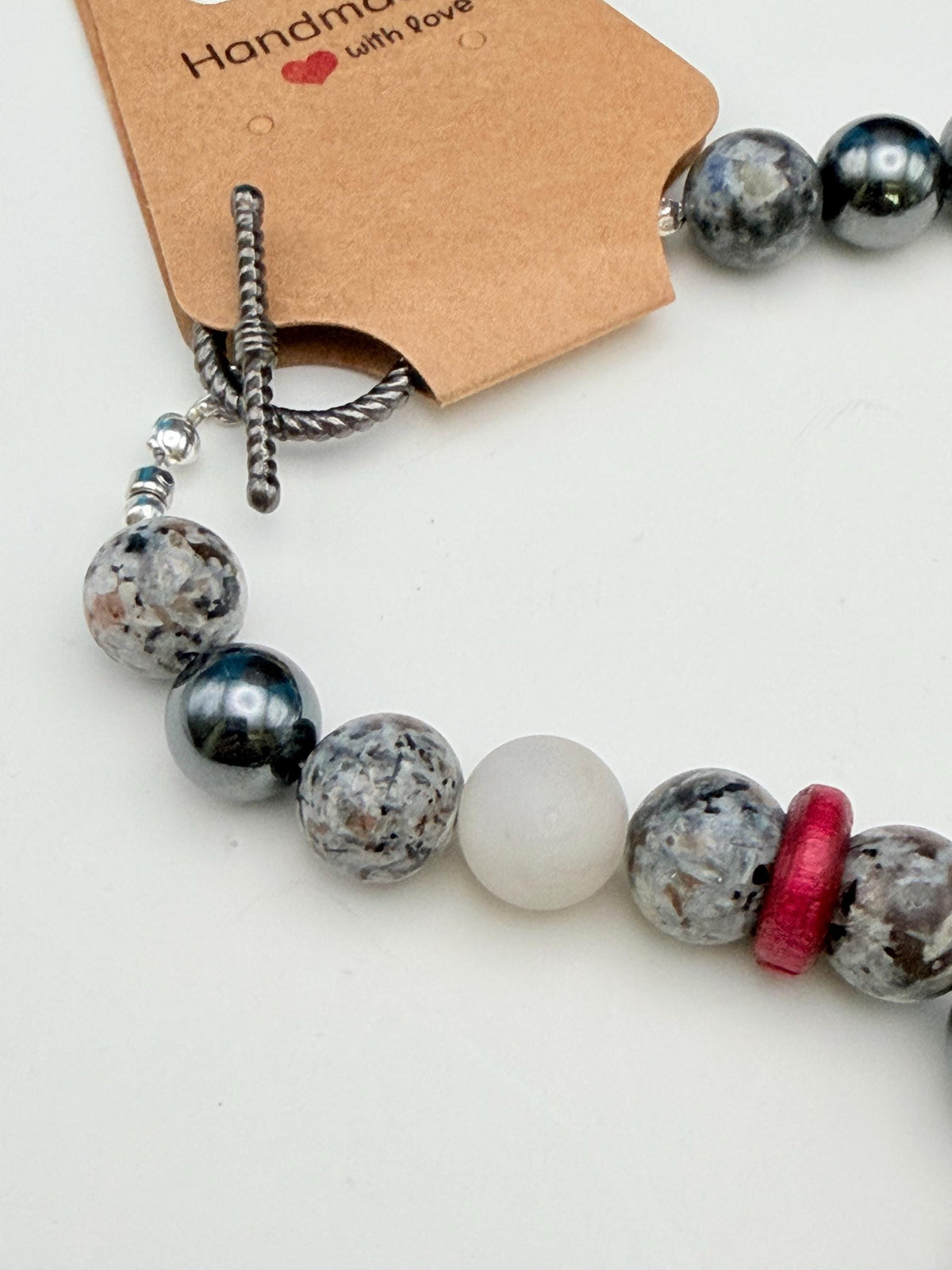 Men's Handmade Hematite and White Marble Bead Necklace with Burgundy Accents