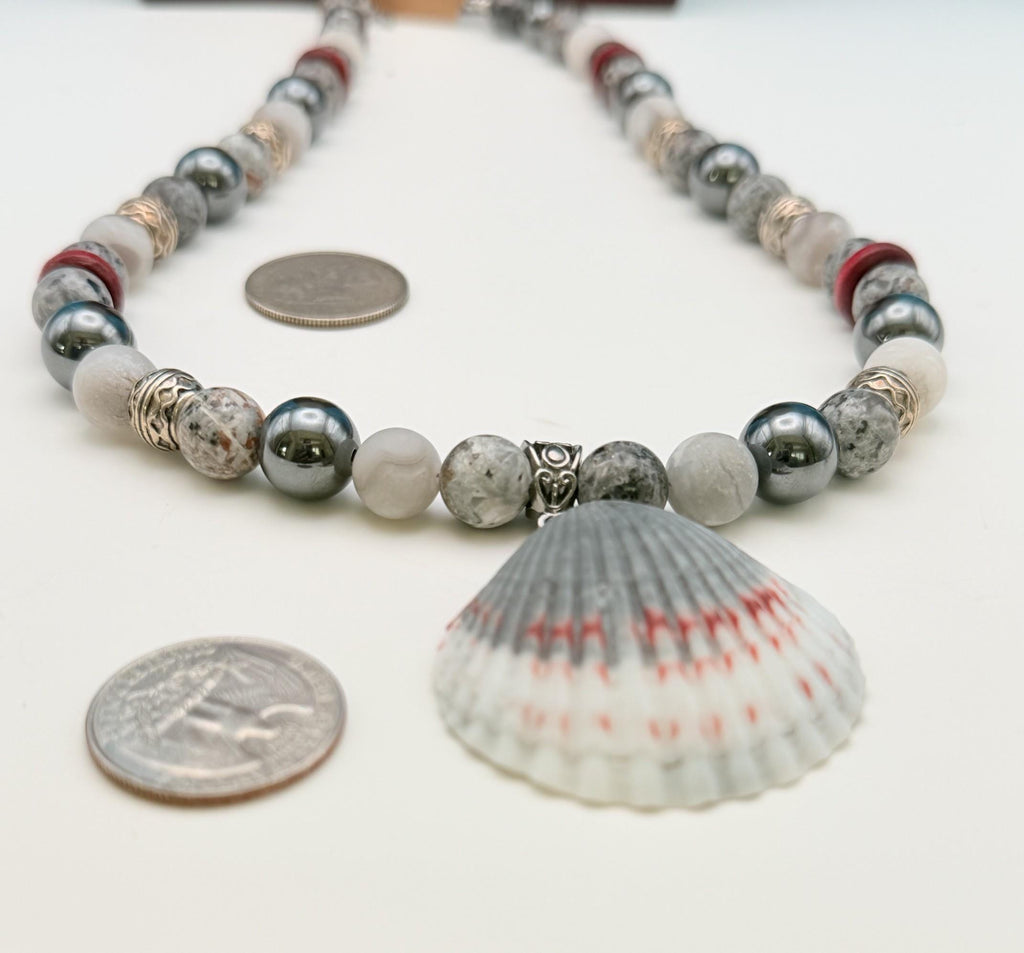 Men's Handmade Hematite and White Marble Bead Necklace with Burgundy Accents