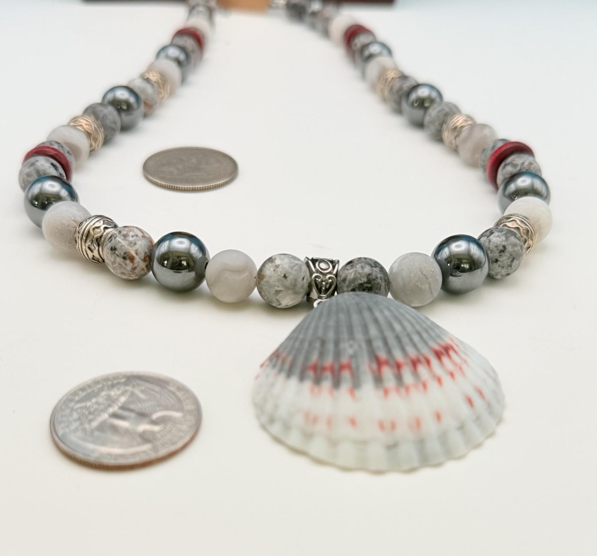 Men's Handmade Hematite and White Marble Bead Necklace with Burgundy Accents