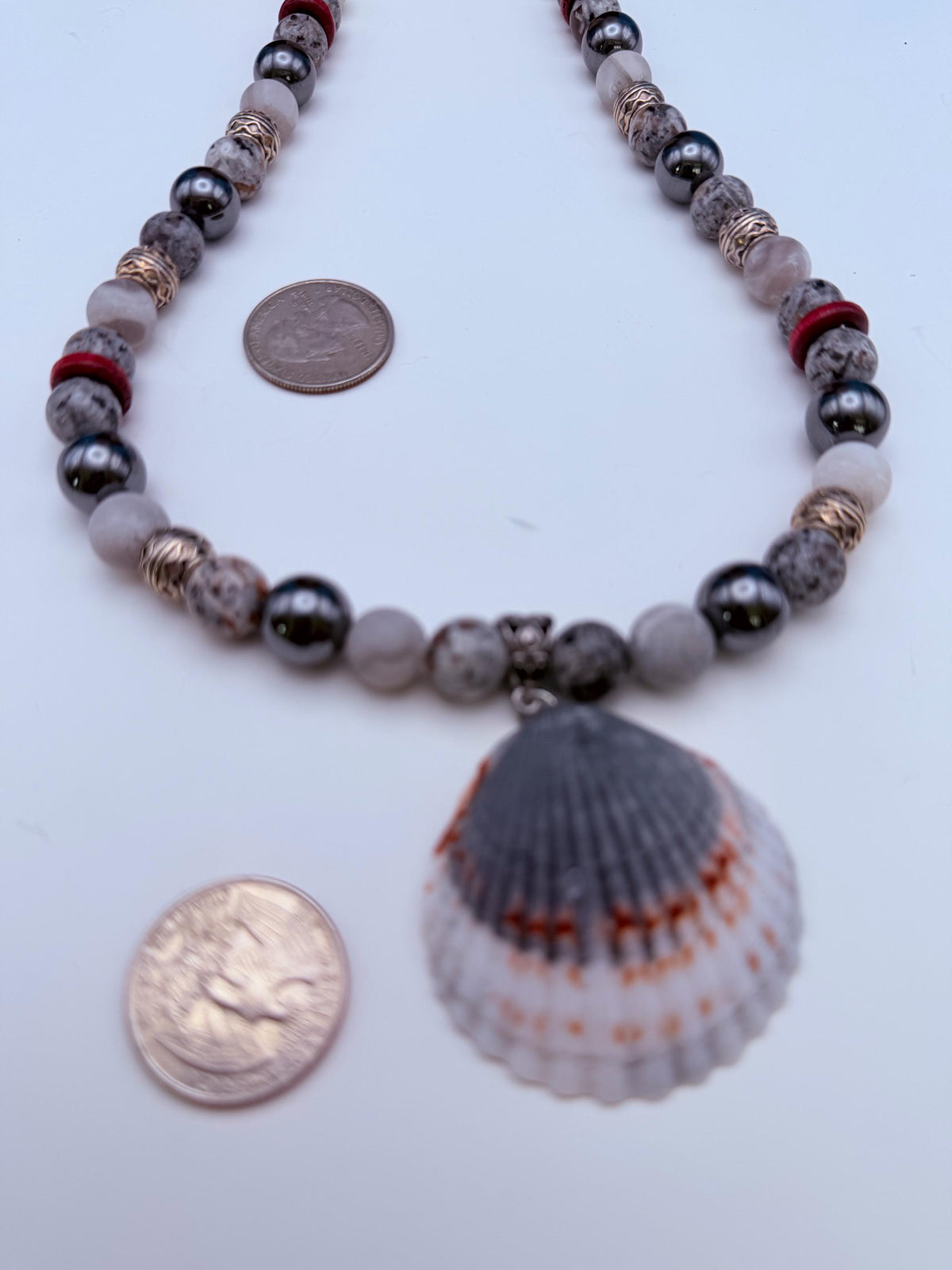 Men's Handmade Hematite and White Marble Bead Necklace with Burgundy Accents