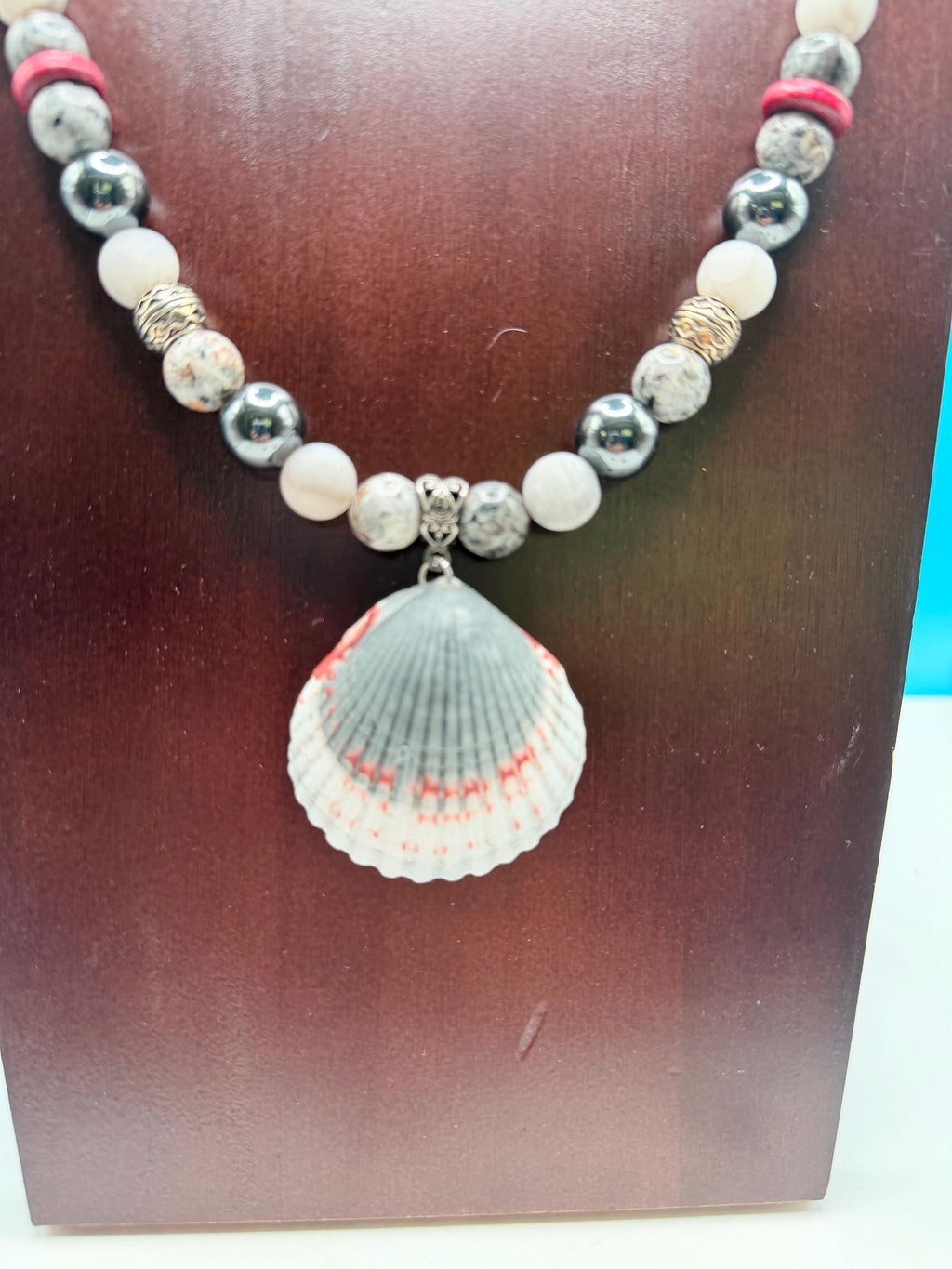 Men's Handmade Hematite and White Marble Bead Necklace with Burgundy Accents