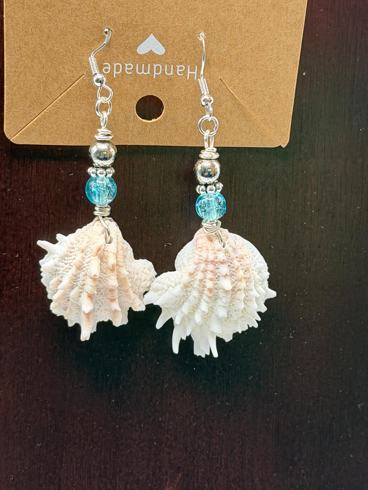 Handmade Florida Spiny Jewel Box Shell Drop Earrings With Aqua Beads