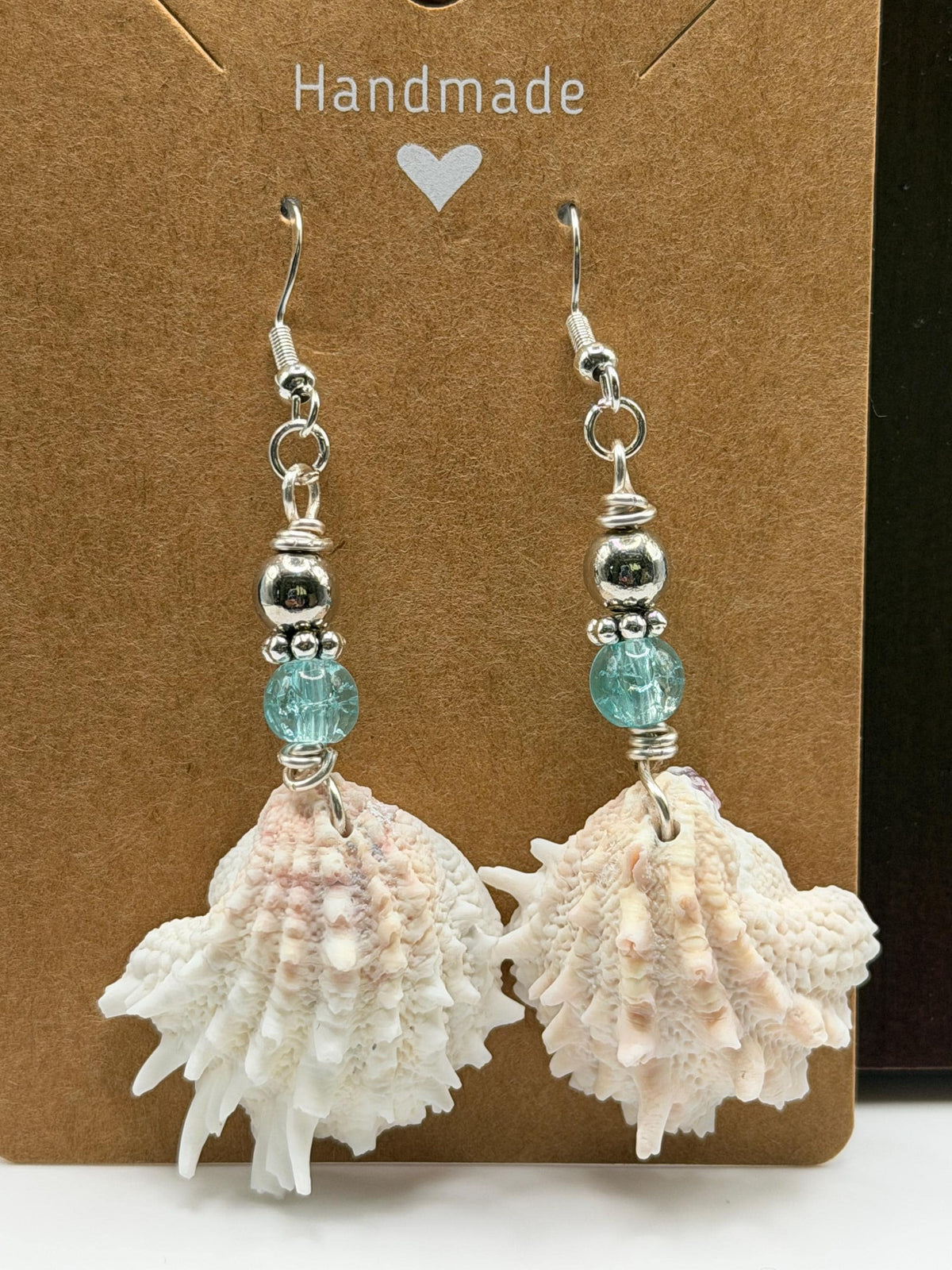 Handmade Florida Spiny Jewel Box Shell Drop Earrings With Aqua Beads