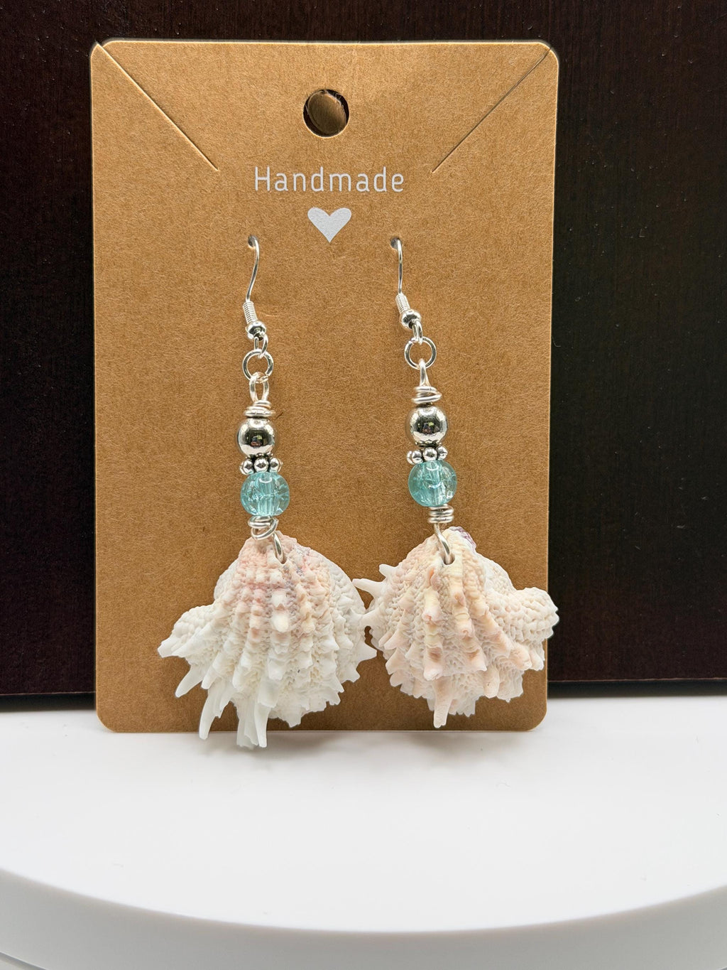 Handmade Florida Spiny Jewel Box Shell Drop Earrings With Aqua Beads