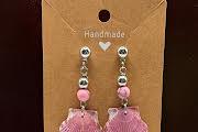 Handmade Pink Calico Scallop Shell Drop Earrings With Beads Sanibel Island