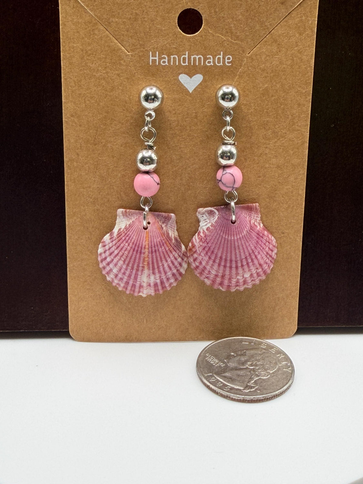 Handmade Pink Calico Scallop Shell Drop Earrings With Beads Sanibel Island
