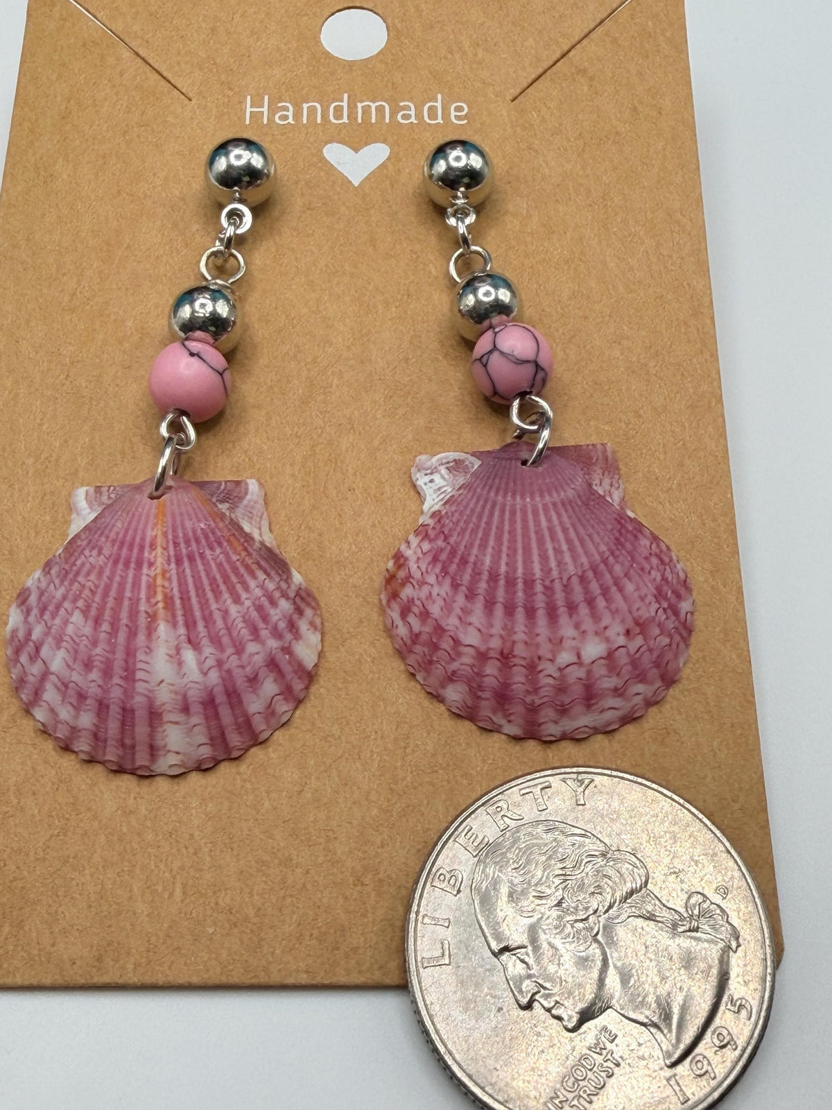 Handmade Pink Calico Scallop Shell Drop Earrings With Beads Sanibel Island