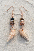 Handmade Spiral Shell Earrings with Black Beads and Copper Coastal Boho Dangles