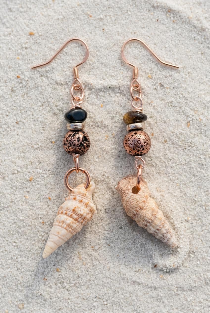 Handmade Spiral Shell Earrings with Black Beads and Copper Coastal Boho Dangles
