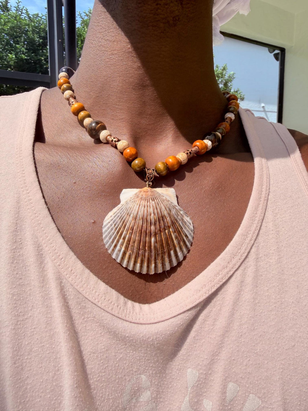 Mens Florida Gulf Calico Scallop Shell Necklace 18 Inch Handmade Coastal Jewelry