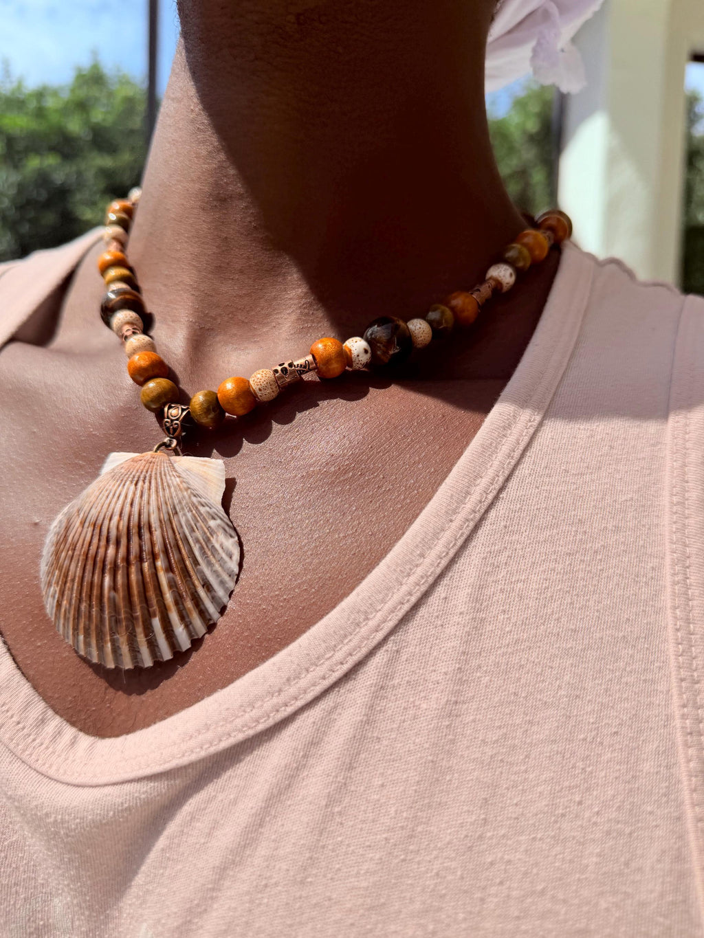 Mens Florida Gulf Calico Scallop Shell Necklace 18 Inch Handmade Coastal Jewelry