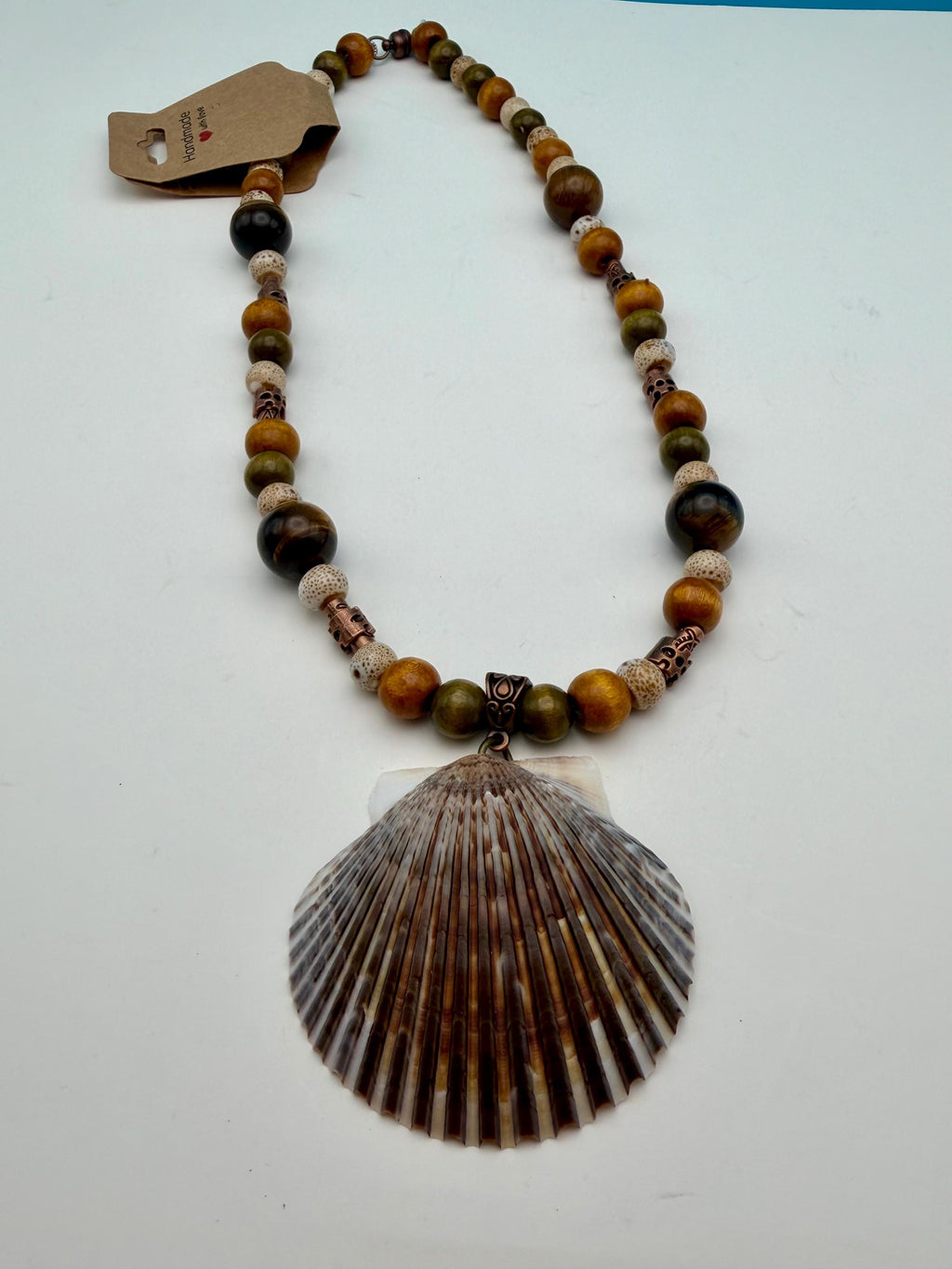 Mens Florida Gulf Calico Scallop Shell Necklace 18 Inch Handmade Coastal Jewelry