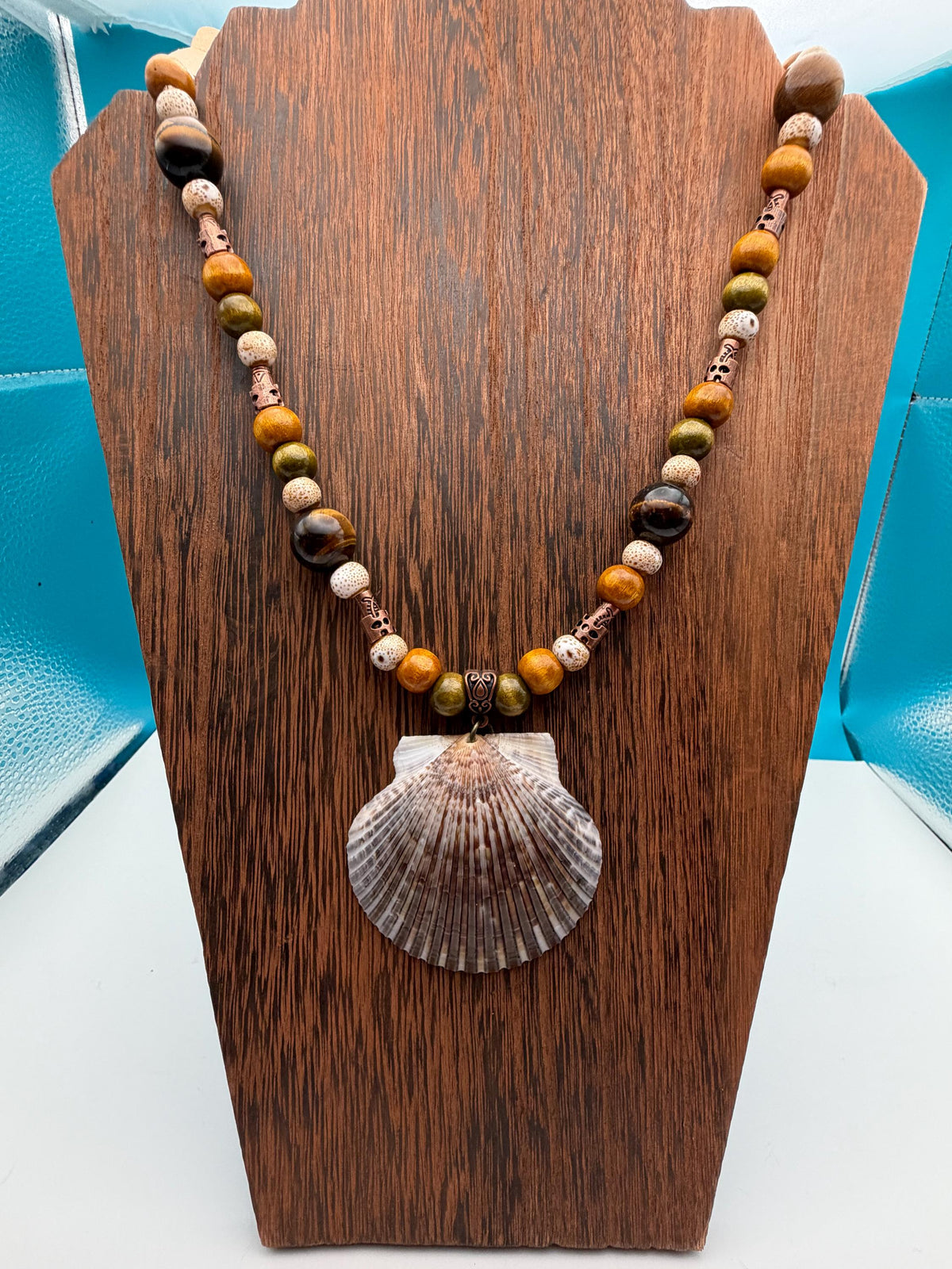 Mens Florida Gulf Calico Scallop Shell Necklace 18 Inch Handmade Coastal Jewelry