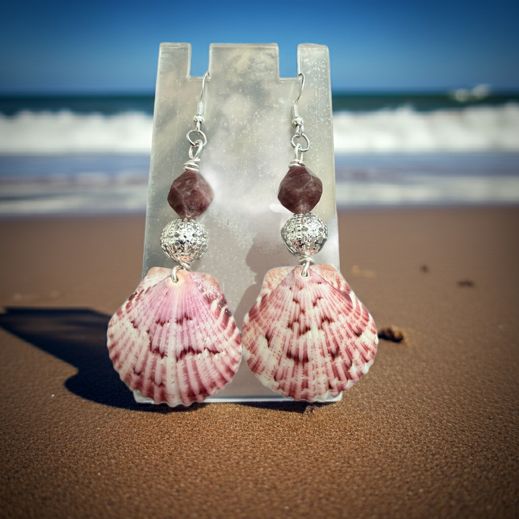 Amethyst Silver Tide Scallop Shell Earrings