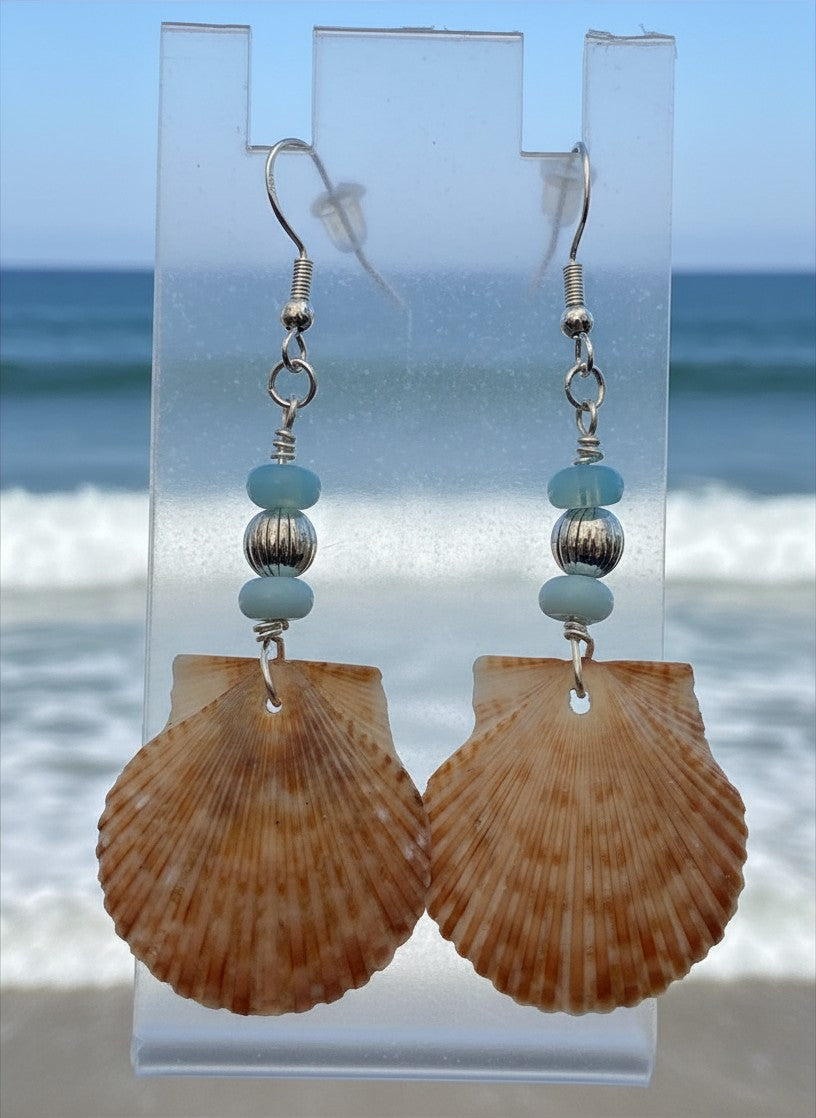 Blue Opal Shore – Scallop Shell & Sky Blue Opal Earrings on Silver Ear Wires