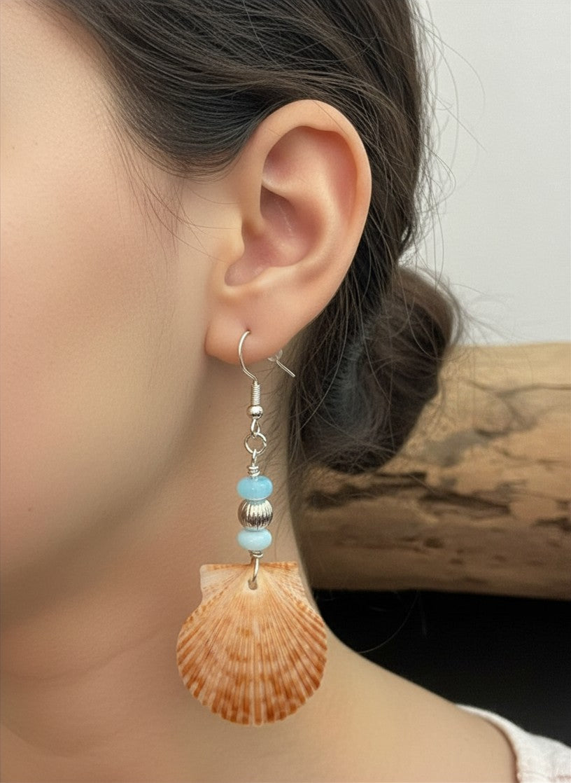 Blue Opal Shore – Scallop Shell & Sky Blue Opal Earrings on Silver Ear Wires