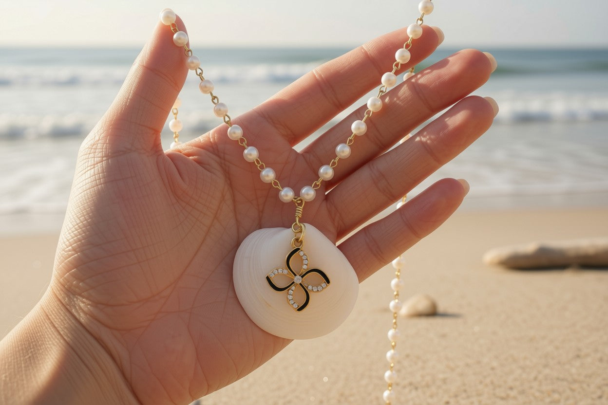 Star Dreams Shell & Pearl Necklace Handmade Coastal Beach Jewelry with Butterfly Charm