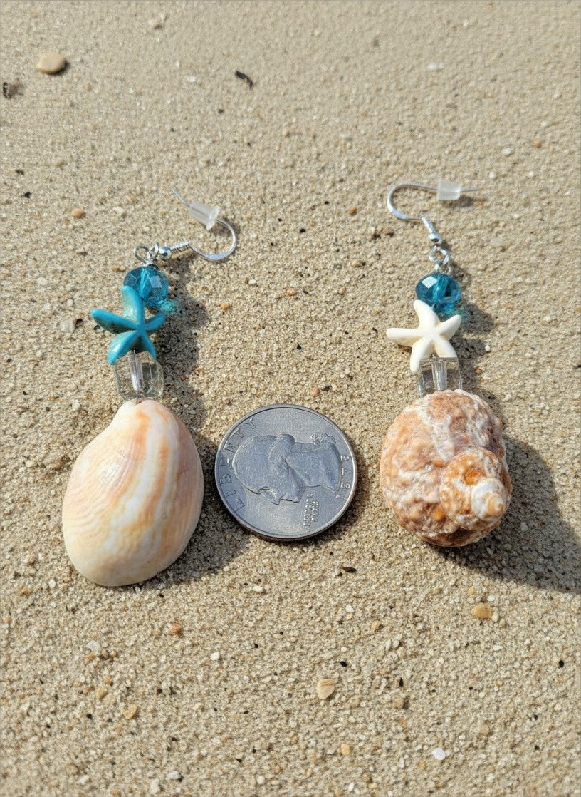 Mismatched Florida Mermaid Turban & Slipper Shell Starfish Dangle Earrings