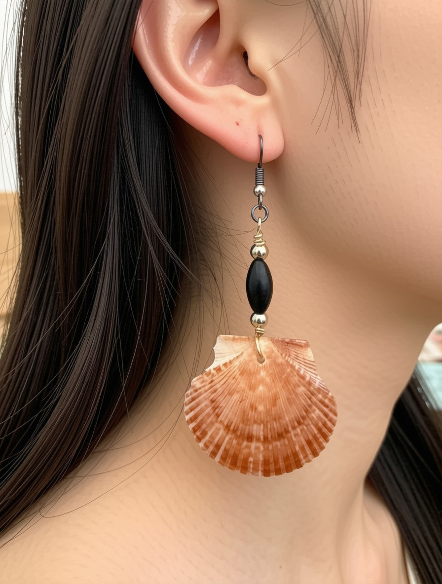 Ember Shore – Burnt Orange Scallop Shell & Black Onyx Earrings on Gold Ear Wires